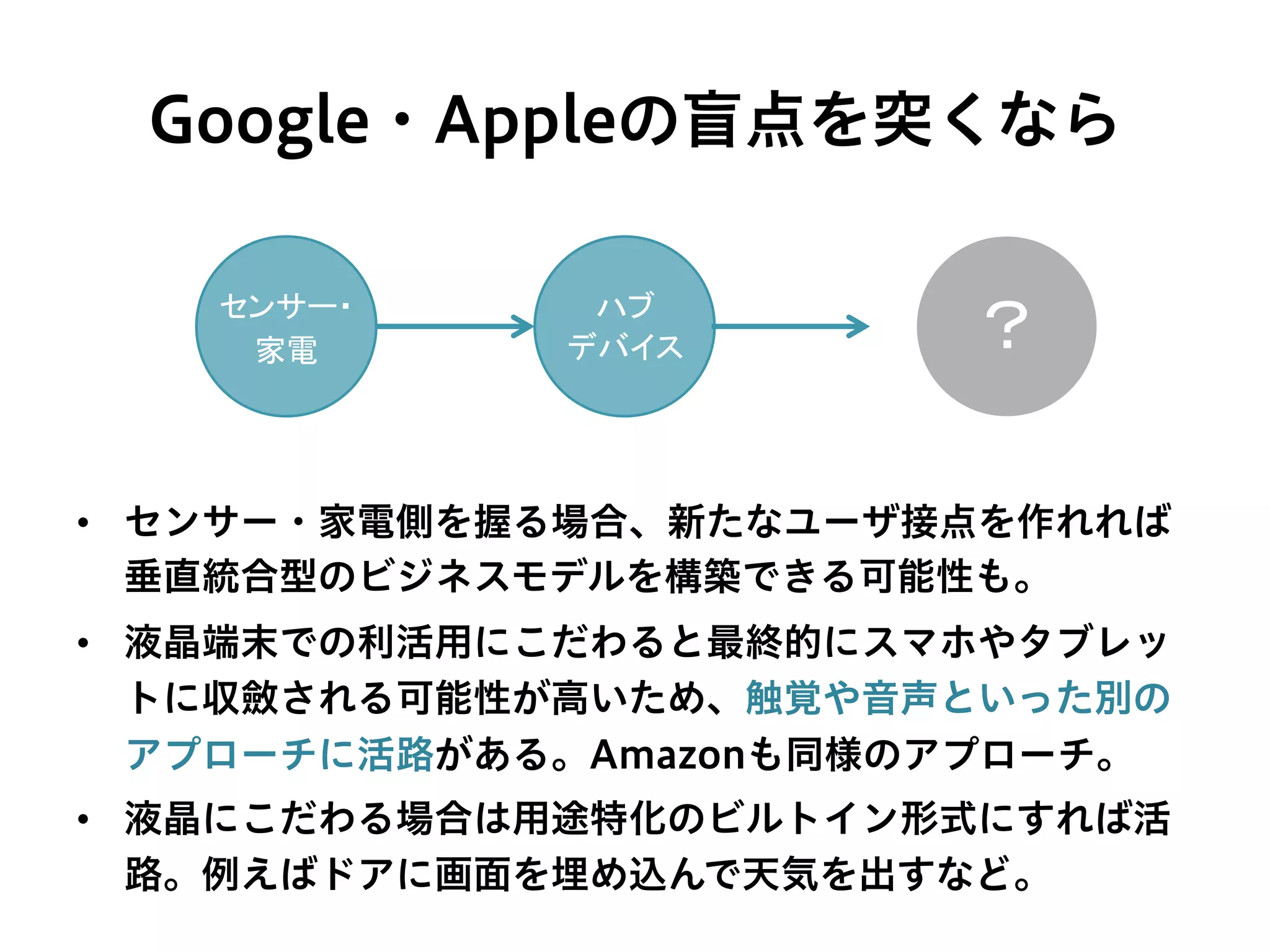 Google・Appleの盲点を突くなら
•  センサー・家電側を握る場合、新たなユーザ接点を作れれば
垂直統合型のビジネスモデルを構築できる可能性も。
•  液晶端末での利活用にこだわると最終的にスマホやタブレッ
トに収斂される可能性が高いため、触覚や音声といった別の
アプローチに活路がある。Amazonも同様のアプローチ。
•  液晶にこだわる場合は用途特化のビルトイン形式にすれば活
路。例えばドアに画面を埋め込んで天気を出すなど。
ハブ	
  
デバイス	
センサー・	
  
家電	
  
ハブ	
  
デバイス	
 ？	
 