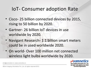 IoT- Consumer adoption Rate
• Cisco- 25 billion connected devices by 2015,
rising to 50 billion by 2020.
• Gartner- 26 billion IoT devices in use
worldwide by 2020.
• Navigant Research- 1.1 billion smart meters
could be in used worldwide 2020.
• On world- Over 100 million net connected
wireless light bulbs worldwide by 2020.
 