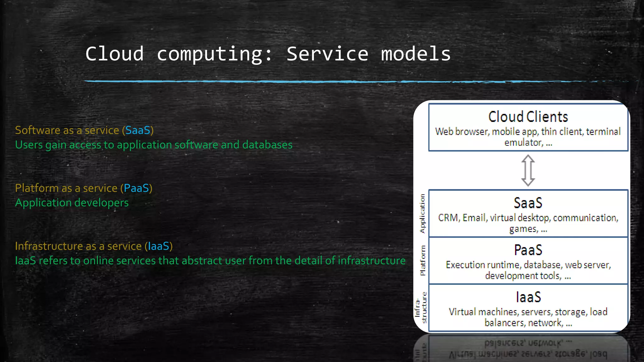 Cloud computing: Service models
Software as a service (SaaS)
Users gain access to application software and databases
Platform as a service (PaaS)
Application developers
Infrastructure as a service (IaaS)
IaaS refers to online services that abstract user from the detail of infrastructure
 