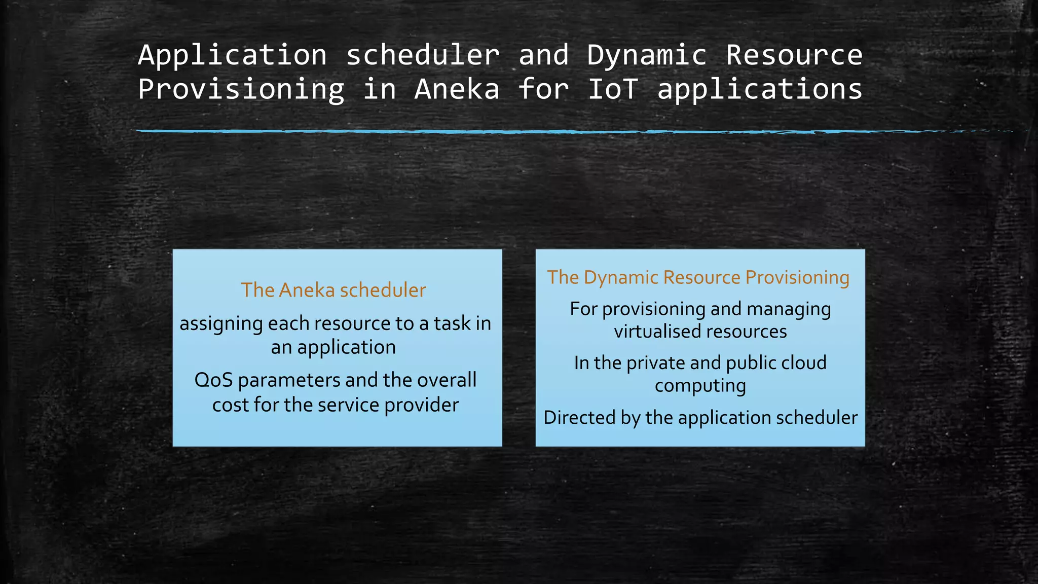 Application scheduler and Dynamic Resource
Provisioning in Aneka for IoT applications
The Aneka scheduler
assigning each resource to a task in
an application
QoS parameters and the overall
cost for the service provider
The Dynamic Resource Provisioning
For provisioning and managing
virtualised resources
In the private and public cloud
computing
Directed by the application scheduler
 