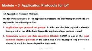 Module – 3 Application Protocols for IoT
IoT Application Transport Methods:
The following categories of IoT application protocols and their transport methods are
explored in the following sections:
1. Application layer protocol not present: In this case, the data payload is directly
transported on top of the lower layers. No application layer protocol is used.
2. Supervisory control and data acquisition (SCADA): SCADA is one of the most
common industrial protocols in the world, but it was developed long before the
days of IP, and it has been adapted for IP networks.
Dr. Syed Mustafa, HKBKCE.
122
 