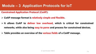 Module – 3 Application Protocols for IoT
Constrained Application Protocol (CoAP):
 CoAP message format is relatively simple and flexible.
 It allows CoAP to deliver low overhead, which is critical for constrained
networks, while also being easy to parse and process for constrained devices.
 Table provides an overview of the various fields of a CoAP message.
170
Dr. Syed Mustafa, HKBKCE.
 
