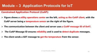 Module – 3 Application Protocols for IoT
Constrained Application Protocol (CoAP):
 Figure shows a utility operations center on the left, acting as the CoAP client, with the
CoAP server being a temperature sensor on the right of the figure.
 The communication between the client and server uses a CoAP message ID of 0x47.
 The CoAP Message ID ensures reliability and is used to detect duplicate messages.
 The client sends a GET message to get the temperature from the sensor.
181
Dr. Syed Mustafa, HKBKCE.
 