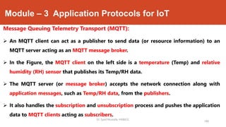 Module – 3 Application Protocols for IoT
Message Queuing Telemetry Transport (MQTT):
 An MQTT client can act as a publisher to send data (or resource information) to an
MQTT server acting as an MQTT message broker.
 In the Figure, the MQTT client on the left side is a temperature (Temp) and relative
humidity (RH) sensor that publishes its Temp/RH data.
 The MQTT server (or message broker) accepts the network connection along with
application messages, such as Temp/RH data, from the publishers.
 It also handles the subscription and unsubscription process and pushes the application
data to MQTT clients acting as subscribers.
188
Dr. Syed Mustafa, HKBKCE.
 