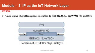 Module – 3 IP as the IoT Network Layer
6TiSCH:
 Figure shows where6top resides in relation to IEEE 802.15.4e, 6LoWPAN HC, and IPv6.
Dr. Syed Mustafa, HKBKCE. 68
 