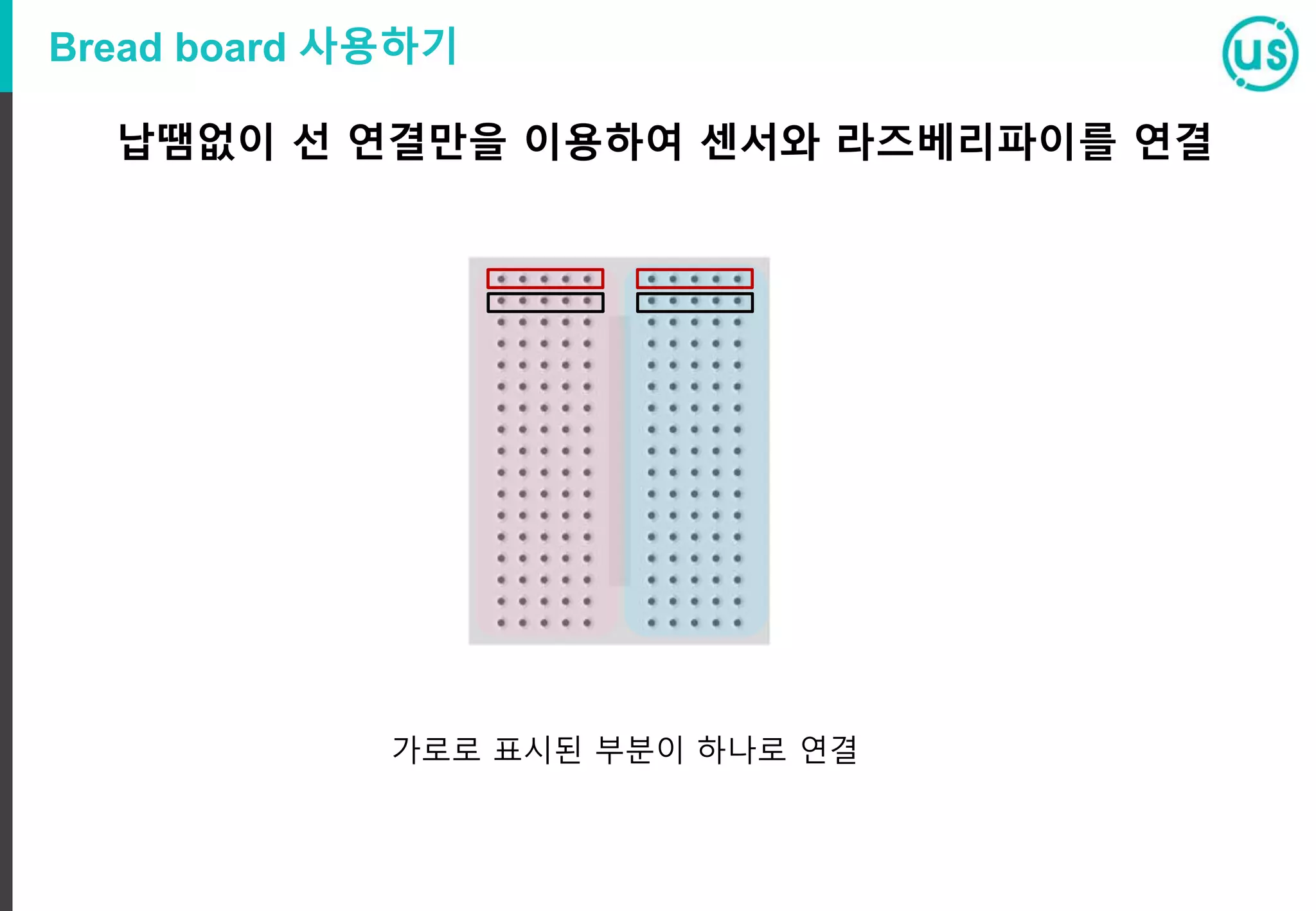 Bread board 사용하기
납땜없이 선 연결만을 이용하여 센서와 라즈베리파이를 연결
가로로 표시된 부분이 하나로 연결
 