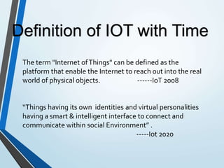 The term "Internet ofThings" can be defined as the
platform that enable the Internet to reach out into the real
world of physical objects. ------IoT 2008
“Things having its own identities and virtual personalities
having a smart & intelligent interface to connect and
communicate within social Environment” .
-----Iot 2020
Definition of IOT with Time
 