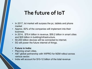 The future of IoT
• In 2017, Iot market will surpass the pc, tablets and phone
market
• Approx. 82% of the companies will implement into their
business.
• In 2014, $79.4 billion in revenue, $59.2 billion in smart cities
and $29 billion in building/infrastructure.
• 50-200 billion devices will be connected to internet.
• 5G will power the future internet of things.
• Future in India:
• Planning smart cities.
• A&T global partnership with WIPRO for M2M rollout across
various sector.
• India will account for $10-12 billion of the total revenue
 