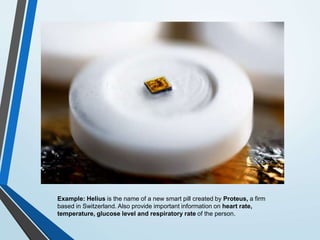 Example: Helius is the name of a new smart pill created by Proteus, a firm
based in Switzerland. Also provide important information on heart rate,
temperature, glucose level and respiratory rate of the person.
 