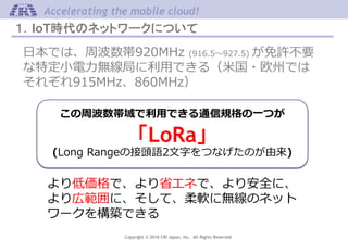 Copyright © 2016 CRI Japan, Inc. All Rights Reserved.
Accelerating the mobile cloud!
１．IoT時代のネットワークについて
日本では、周波数帯920MHz (916.5～927.5) が免許不要
な特定小電力無線局に利用できる（米国・欧州では
それぞれ915MHz、860MHz）
この周波数帯域で利用できる通信規格の一つが
「LoRa」
(Long Rangeの接頭語2文字をつなげたのが由来)
より低価格で、より省エネで、より安全に、
より広範囲に、そして、柔軟に無線のネット
ワークを構築できる
 