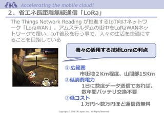 Copyright © 2016 CRI Japan, Inc. All Rights Reserved.
Accelerating the mobile cloud!
２．省エネ長距離無線通信「LoRa」
The Things Network Reading が推進するIoT向けネットワ
ーク「LoraWAN」。アムステルダムの街中をLoRaWANネッ
トワークで覆い、IoT普及を行う事で、人々の生活を快適にす
ることを目指している
我々の活用する技術Loraの利点
①広範囲
市街地２Km程度、山間部15Km
②低消費電力
1日に数度データ送信であれば、
数年間バッテリ交換不要
③低コスト
１万円～数万円ほど通信費無料
 