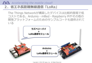 Copyright © 2016 CRI Japan, Inc. All Rights Reserved.
Accelerating the mobile cloud!
２．省エネ長距離無線通信「LoRa」
The Things Networkが構築したデバイスは比較的簡易で低
コストである。Arduino・mBed・Raspberry Piやその他の
開発プラットフォームのためのサンプルコードも提供されて
いる
ラズベリーパイ
＋
LoRa通信モジュール
Arduino
＋
LoRa通信モジュール
 