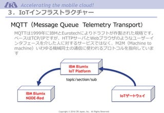 Copyright © 2016 CRI Japan, Inc. All Rights Reserved.
Accelerating the mobile cloud!
３．IoTインフラストラクチャー
MQTT（Message Queue Telemetry Transport）
MQTTは1999年にIBMとEurotechによりドラフトが作製された規格です。
ベースはTCP/IPですが、HTTPサーバとWebブラウザのようなユーザーイ
ンタフェースを介した人に対するサービスではなく、M2M（Machine to
machine）いわゆる機械同士の通信に使われるプロトコルを指向していま
す
IBM Blumix
IoT Platform
topic/section/sub
IoTゲートウェイ
IBM Blumix
NODE-Red
 