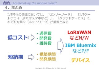 Copyright © 2016 CRI Japan, Inc. All Rights Reserved.
Accelerating the mobile cloud!
４．まとめ
IoT時代の開発においては、「センサーノード」、「IoTゲー
トウェイ（またはスマホなど）」、「クラウドサービス」そ
れぞれを繋ぐ（ネットワーク）が重要となる
低コスト
・通信費
・開発費
・維持費
短納期
・構築期間
・開発期間
LoRaWAN
などN/W
IBM Bluemix
などP/F
デバイス
 