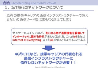 Copyright © 2016 CRI Japan, Inc. All Rights Reserved.
Accelerating the mobile cloud!
１．IoT時代のネットワークについて
既存の携帯キャリアの通信インフラストラクチャーで賄え
るだけの通信ノード数はまもなく超えてしまう
センサーやスイッチなど、あらゆる物が通信機能を装備して
インターネットに繋がる時代がまもなく訪れる。これをIoTまたは
Internet of Everything（以下「IoE」と略）と言及することもある
4GやLTEなど、携帯キャリアの代表される
通信インフラストラクチャーに
依存しないネットワークが必要！！
 