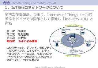 Copyright © 2016 CRI Japan, Inc. All Rights Reserved.
Accelerating the mobile cloud!
１．IoT時代のネットワークについて
第四次産業革命、つまり、Internet of Things（＝IoT）
革命をドイツでは国策として推進し「Industry 4.0」と
命名
第一次 機械化
第二次 電力活用
第三次 自動化
第四次 IoTによる変革
ロジスティック、グリッド、モビリティ
、ビルディング、エネルギー、シティ、
ヘルスケア、ホームなど、今までセンサ
ーやネットワーク化がされていなかった
物がインターネットに繋がる
 