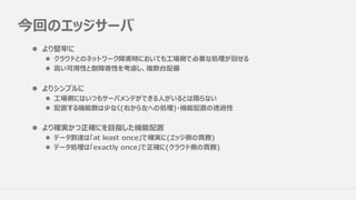 今回のエッジサーバ
l より堅牢に
l クラウドとのネットワーク障害時においても⼯場側で必要な処理が回せる
l ⾼い可⽤性と耐障害性を考慮し、複数台配備
l よりシンプルに
l ⼯場側にはいつもサーバメンテができる⼈がいるとは限らない
l 配置する機能数は少なく(右から左への処理)・機能配置の透過性
l より確実かつ正確にを⽬指した機能配置
l データ到達は「at least once」で確実に(エッジ側の責務)
l データ処理は「exactly once」で正確に(クラウド側の責務)
 
