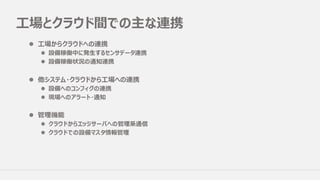 ⼯場とクラウド間での主な連携
l ⼯場からクラウドへの連携
l 設備稼働中に発⽣するセンサデータ連携
l 設備稼働状況の通知連携
l 他システム・クラウドから⼯場への連携
l 設備へのコンフィグの連携
l 現場へのアラート・通知
l 管理機能
l クラウドからエッジサーバへの管理系通信
l クラウドでの設備マスタ情報管理
 