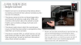 스마트 자동차 관리
- Delphi Connect
• Delphi Connect is a small device that allows drivers
to monitor and control their vehicle remotely via the
Verizon LTE network.
• The device connects to the on-board diagnostics
port found in all vehicles made after 1996, and
monitors information about the vehicle’s overall
health, such as battery voltage, fuel level, and
engine status.
• The device sends drivers alerts for maintenance
issues, so that they know what is wrong before they
take their car in to be serviced.
• The device includes GPS, so vehicle owners can see
both historical maps of when, where, and how far
they have driven, as well as real-time information
about their vehicle’s location.
• Drivers can use their smart phone to control their car,
such as remotely locking or unlocking the doors.
Parents can enable additional controls to monitor
their teenage drivers, so that they receive an alert if
their children leave a pre-established geographic
region or go over a set speed limit.35
22
 