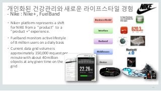 개인화된 건강관리와 새로운 라이프스타일 경험
- Nike : Nike+ , FuelBand
• Nike+ platform represents a shift
for NIKE from a "product" to a
"product +" experience.
• Fuelband monitors active lifestyle
of 8 million users on a daily basis
• Current data grid volume is
approximately 150,000 request per
minute with about 40 million
objects at any given time on the
grid
28
 