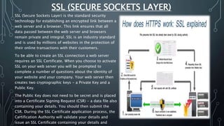 SSL (SECURE SOCKETS LAYER)
SSL (Secure Sockets Layer) is the standard security
technology for establishing an encrypted link between a
web server and a browser. This link ensures that all
data passed between the web server and browsers
remain private and integral. SSL is an industry standard
and is used by millions of websites in the protection of
their online transactions with their customers.
To be able to create an SSL connection a web server
requires an SSL Certificate. When you choose to activate
SSL on your web server you will be prompted to
complete a number of questions about the identity of
your website and your company. Your web server then
creates two cryptographic keys - a Private Key and a
Public Key.
The Public Key does not need to be secret and is placed
into a Certificate Signing Request (CSR) - a data file also
containing your details. You should then submit the
CSR. During the SSL Certificate application process, the
Certification Authority will validate your details and
issue an SSL Certificate containing your details and
 