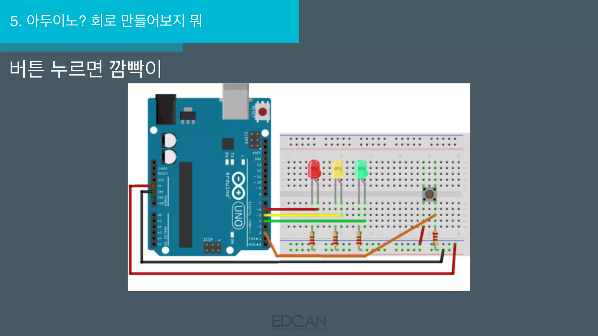 5. 아두이노? 회로 만들어보지 뭐
버튼 누르면 깜빡이
 
