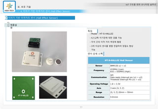IoT 구조물 변위 모니터링 솔루션
Ⅱ. 보유 기술
제품설
명
센서 상세 스펙
특징
 Model : HT-S-HALL02
 X,Y,Z축 자기장에 대한 검출 가능
 자석 간의 이격 거리 측정에 활용
 3개 이상의 센서를 병렬 연결하여 정밀도 향상
가능
지자기 기반 이격거리 센서 (Hall Effect Sensor)
4. 지자기 기반 이격거리 센서 (Hall Effect Sensor)
HT-S-HALL02 Hall Sensor
Sensor BMM150 x1 ~ x3
Frequency
433MHz (Low),
816 ~ 920MHz (High)
Communication
SPI
Data ready Interrupt pin (x1 ~ x3)
Threshold Interrupt Pin (x1 ~ x3)
Operating Voltage 1.8 ~ 3.3V
Axis 3-axis (X, Y, Z)
Range (X, Y, Z) 20mm ~ 50mm
Resolution 0.01mm
11
 