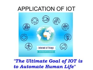 APPLICATION OF IOT
"The Ultimate Goal of IOT is
to Automate Human Life"
 