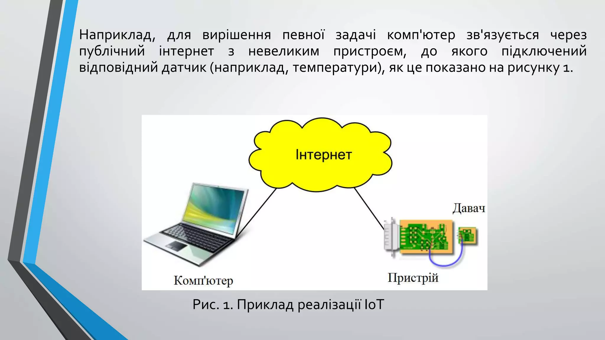 Наприклад, для вирішення певної задачі комп'ютер зв'язується через
публічний інтернет з невеликим пристроєм, до якого підключений
відповідний датчик (наприклад, температури), як це показано на рисунку 1.
Рис. 1. Приклад реалізації IoT
 