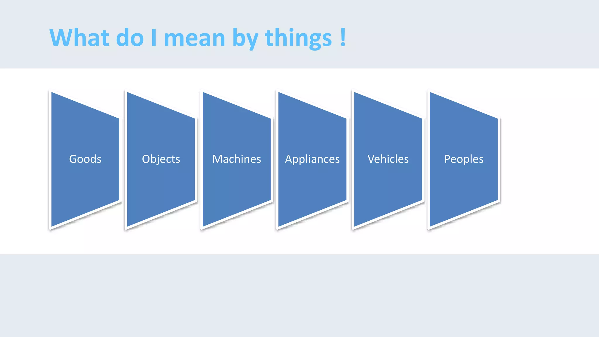 What do I mean by things !
Goods Objects Machines Appliances Vehicles Peoples
 