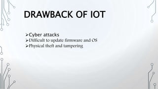 DRAWBACK OF IOT
Cyber attacks
Difficult to update firmware and OS
Physical theft and tampering
 