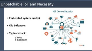 • Embedded system market:
• Old Software:
• Typical attack:
1. MAN
2. DOS/DDOS
Unpatchable IoT and Necessity
 