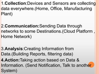 1.Collection:Devices and Sensors are collecting
data everywhere.(Home, Office, Manufacturing
Plant)
2.Communication:Sending Data through
networks to some Destinations.(Cloud Platform ,
Home Network)
3.Analysis:Creating Information from
Data.(Building Reports, filtering data)
4.Action:Taking action based on Data &
Information. (Send Notification, Talk to another
System)
 