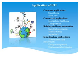 Application of IOT
Consumer applications:
Smart home
Elder care
Commercial applications:
Medical and healthcare
Transportation
Building and home automation:
Industrial applications
Manufacturing
Agriculture
Infrastructure applications:
Metropolitan scale
deployments
Energy management
Environmental monitoring
 