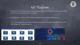 IoT Platform
Specialized servers for IoT applications to store and receive data form IoT devices. Most of them support MQTT
and HTTP protocols and many other IoT protocols.
IoT could servers: ThingsBoard, Kaa, ThingWorx, Google Cloud’s IoT Platform, ThinkSpeak, etc…
Services: Data storage, Data visualization, Dashboard creation, Device management and other services such as
Rule management, Security & Integration.
15
 