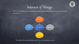 Internet of Things
Devices can log/collect data, communicate with other devices (M2M), analyze/visualize data, remotely
act/control, etc.
The number of connected things exceeded our world population in 2008
4
 