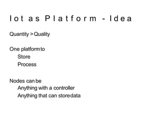 I o t a s P l a t f o r m - I d e a
Quantity >Quality
One platformto
Store
Process
Nodes can be
Anything with a controller
Anything that can storedata
 
