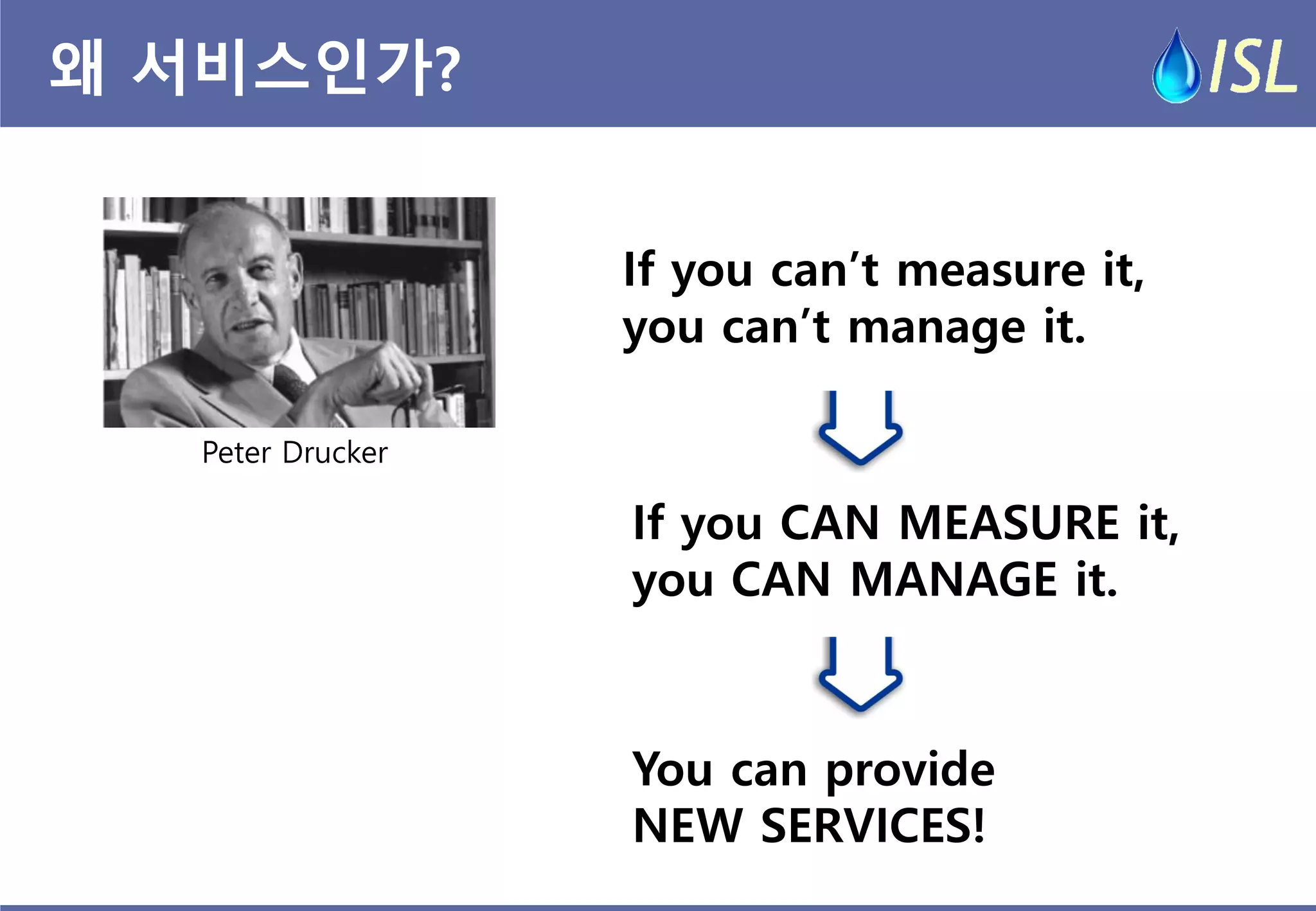 왜 서비스인가? 
If you can’t measure it, 
you can’t manage it. 
Peter Drucker 
If you CAN MEASURE it, 
you CAN MANAGE it. 
You can provide 
NEW SERVICES!  