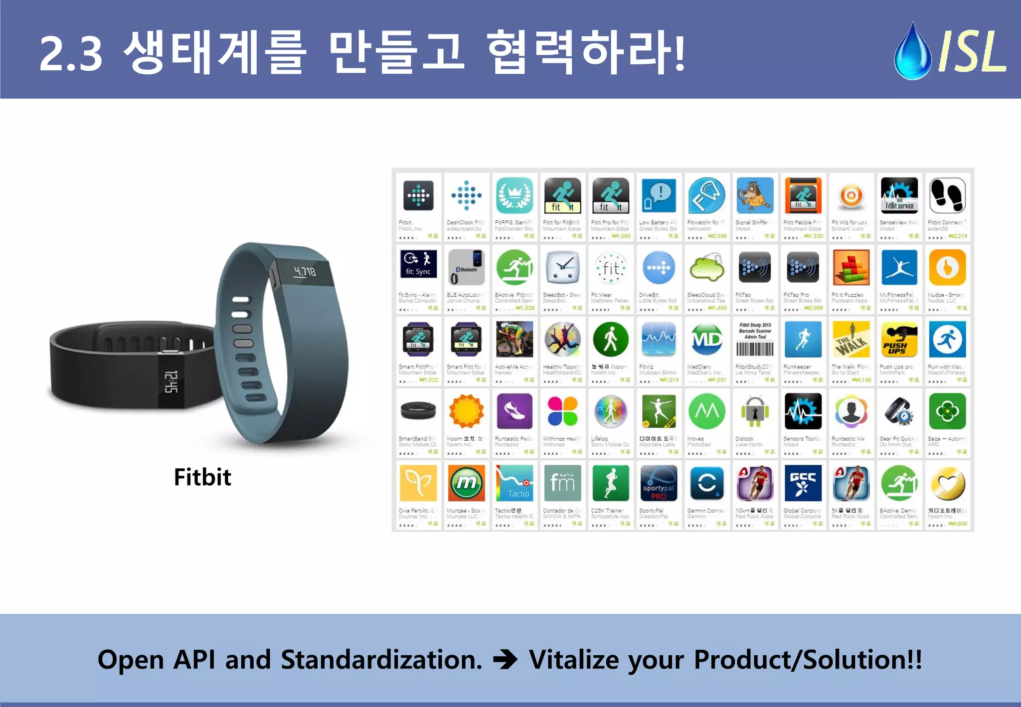 2.3 생태계를 만들고 협력하라! 
Fitbit 
Open API and Standardization.  Vitalize your Product/Solution!!  