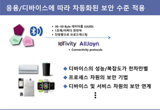 응용/디바이스에 따라 차등화된 보안 수준 적용
 30~50 Byte 데이터를 (UUID)
 1초에/어쩌다 한번씩
 단방향으로 브로드캐스팅
 Connectivity protocols
 디바이스의 성능/복잡도가 천차만별
 프로세스 차원의 보안 기법
 디바이스 및 서비스 차원의 보안 연계

 