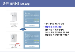 웅진 코웨이 IoCare
 기기 가격은 12.3% 상승
 렌탈료는 25.7% 상승
 정수기가 더 똑똑해져서
코디의 역할 및 방문이 줄 텐데
렌탈료가 비싸져야 할 이유는??
 
