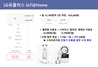 LG유플러스 IoT@Home
 월 12,100원씩 3년 약정 : 435,600원
 ‘플랫폼 이용료 + 디바이스 할부금’ 형태의 이용료
(4,400원/월) (7,700원/월)
 단말 할부 원금 = 7,700 * 36 = 277,200원
 스마트폰처럼 단말기 유통을 통한 수익 확대
 