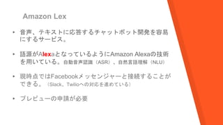 Amazon Lex
▸ 音声、テキストに応答するチャットボット開発を容易
にするサービス。
▸ 語源がAlexaとなっているようにAmazon Alexaの技術
を用いている。自動音声認識（ASR）、自然言語理解（NLU）
▸ 現時点ではFacebookメッセンジャーと接続することが
できる。（Slack、Twilioへの対応を進めている）
▸ プレビューの申請が必要
 