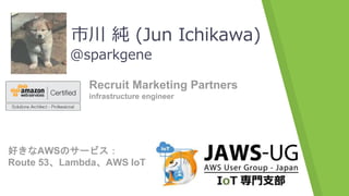 @sparkgene
市川 純 (Jun Ichikawa)
好きなAWSのサービス：
Route 53、Lambda、AWS IoT
Recruit Marketing Partners
infrastructure engineer
 