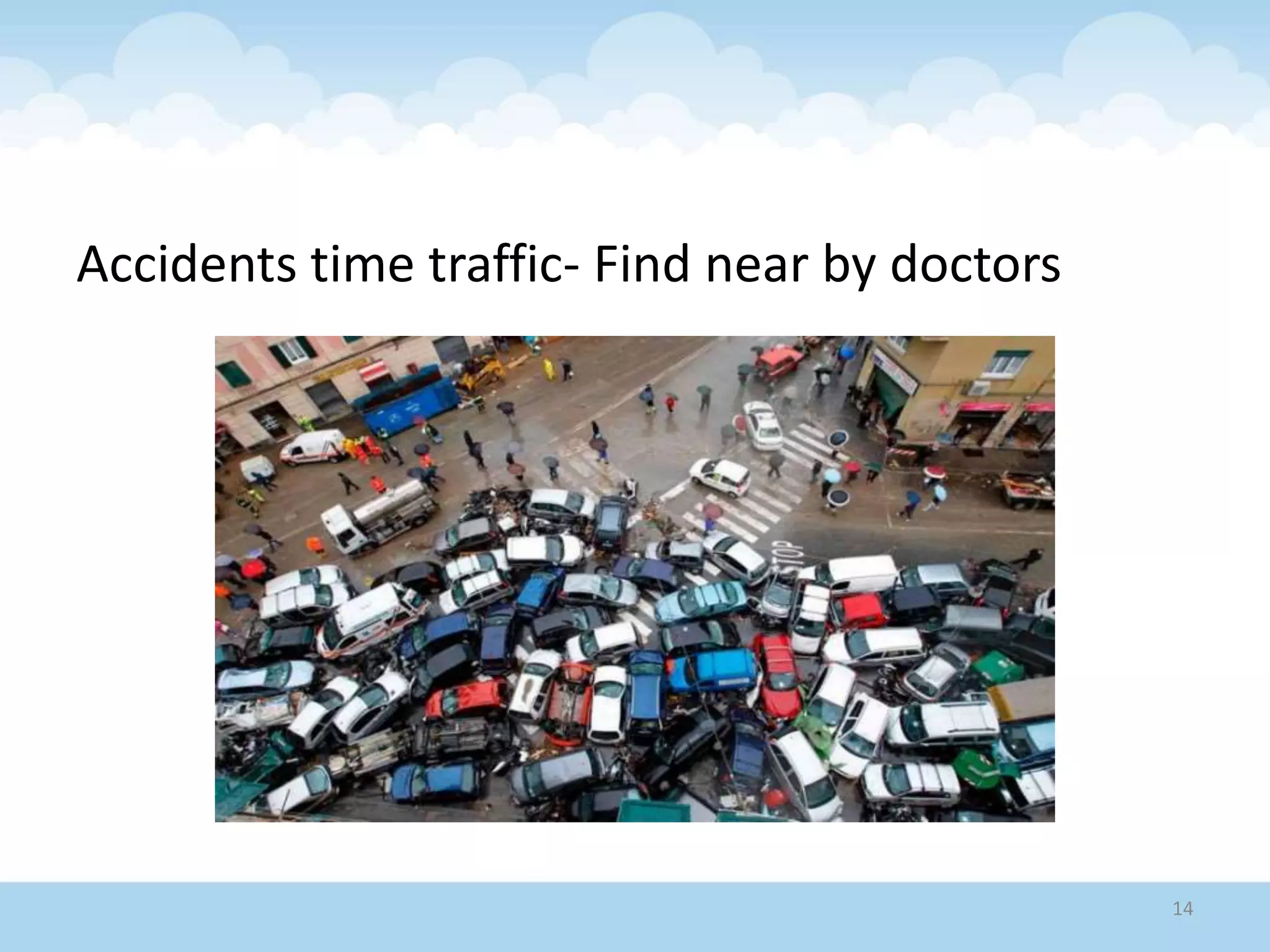 Accidents time traffic- Find near by doctors
14
 