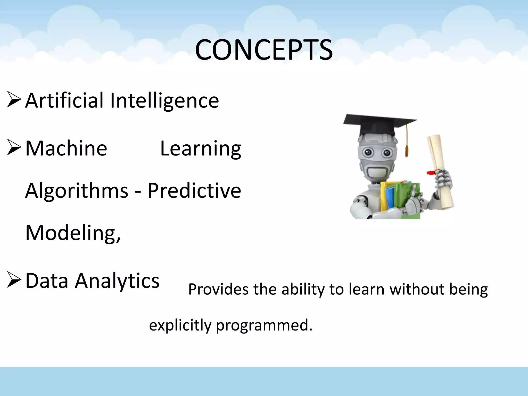 CONCEPTS
Artificial Intelligence
Machine Learning
Algorithms - Predictive
Modeling,
Data Analytics Provides the ability to learn without being
explicitly programmed.
 