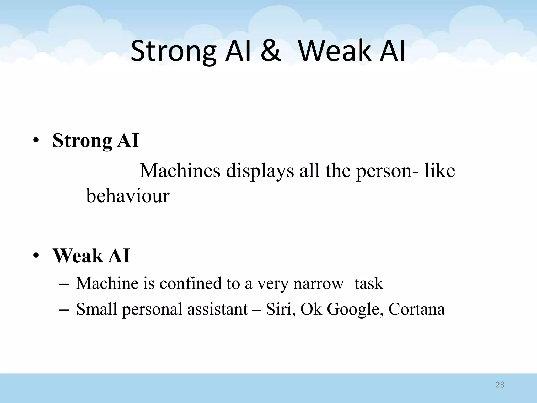 Strong AI & Weak AI
• Strong AI
Machines displays all the person- like
behaviour
• Weak AI
– Machine is confined to a very narrow task
– Small personal assistant – Siri, Ok Google, Cortana
23
 