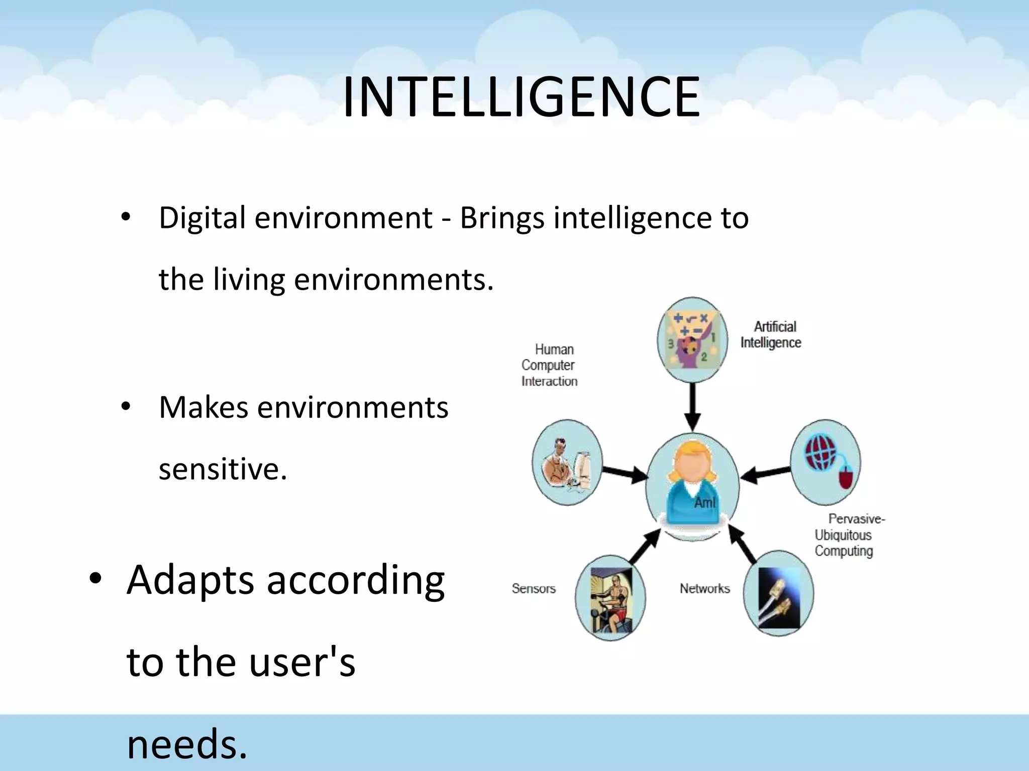 INTELLIGENCE
• Adapts according
to the user's
needs.
• Digital environment - Brings intelligence to
the living environments.
• Makes environments
sensitive.
 