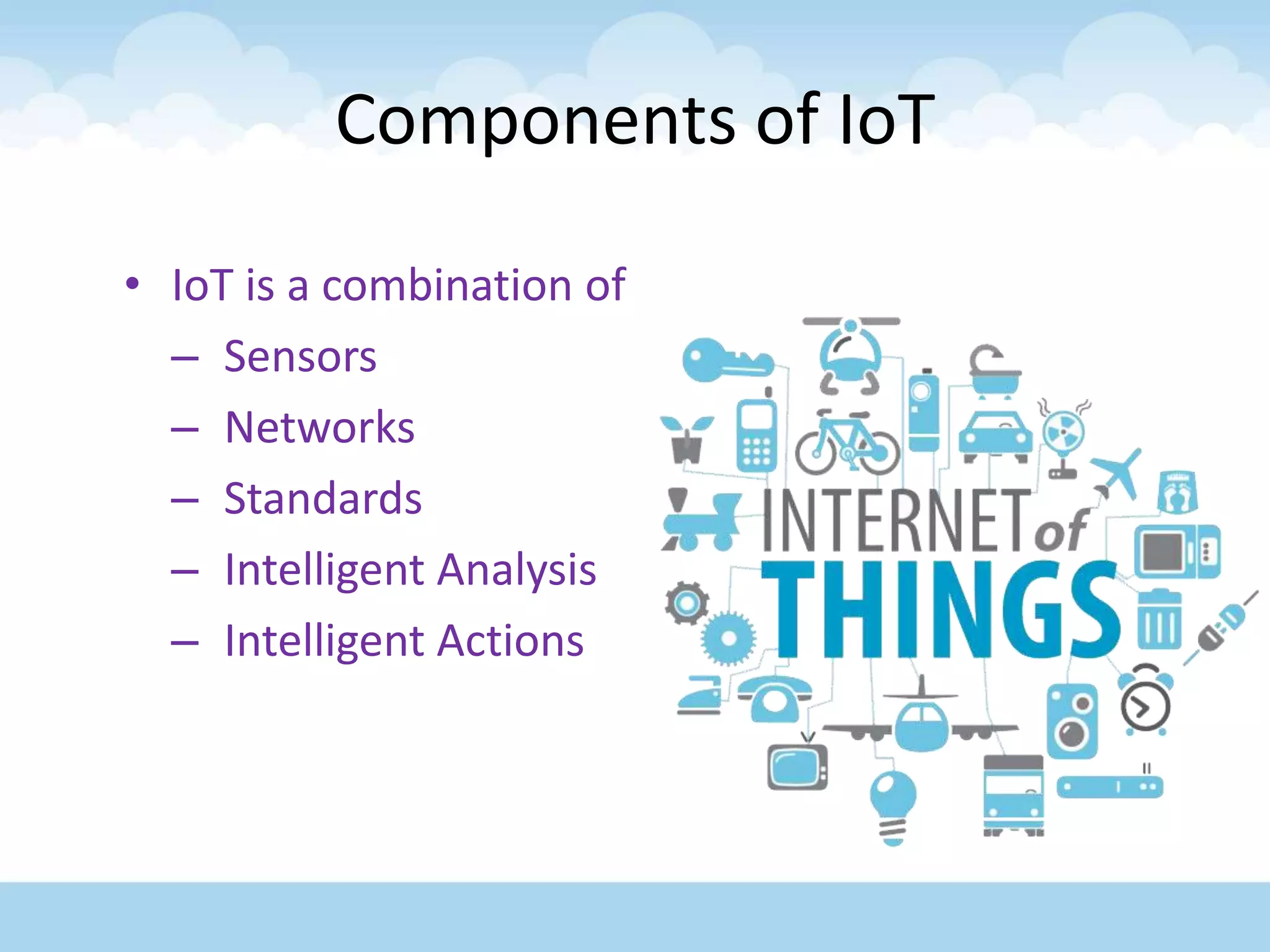 Components of IoT
• IoT is a combination of
– Sensors
– Networks
– Standards
– Intelligent Analysis
– Intelligent Actions
 