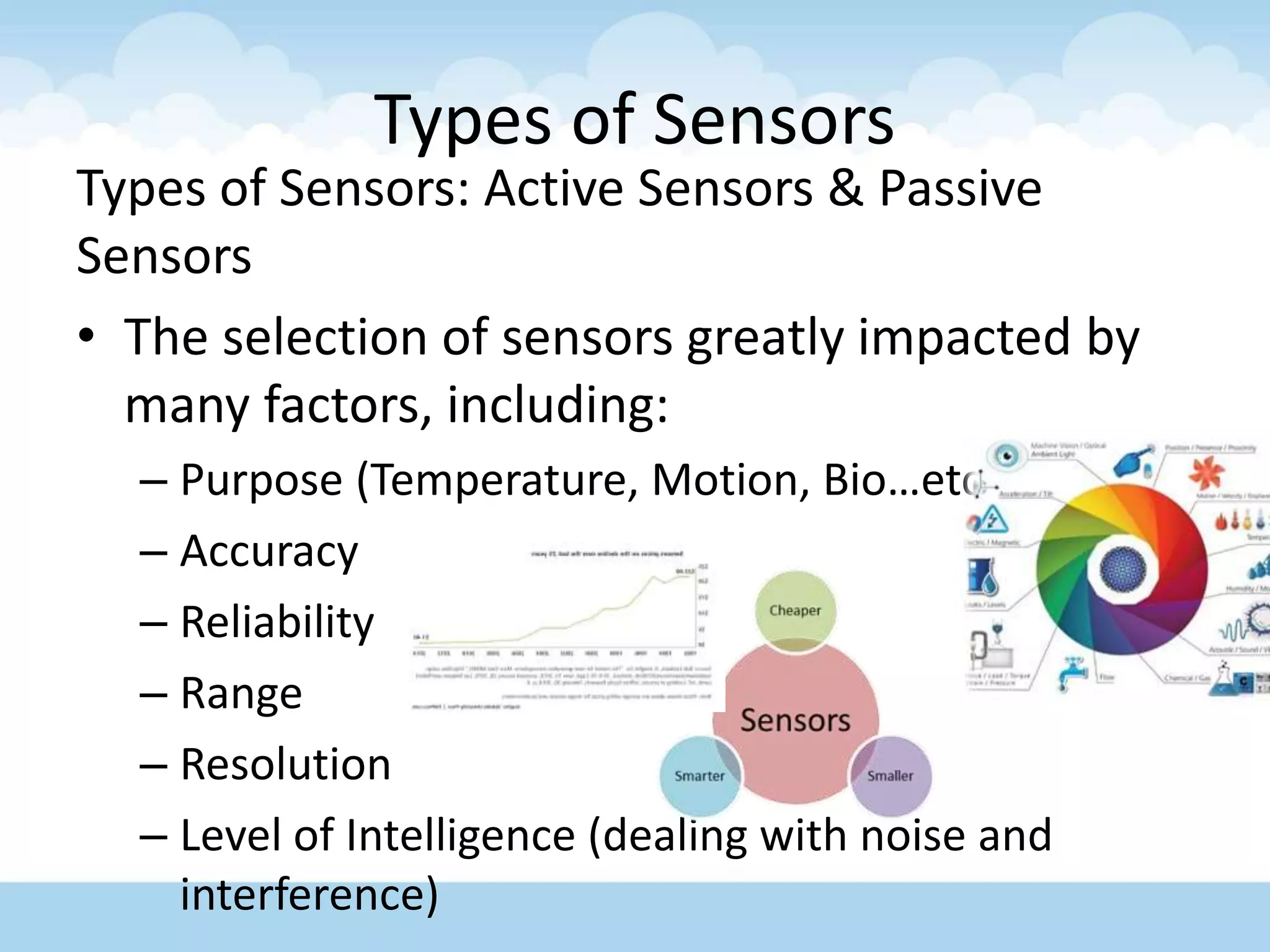Types of Sensors
Types of Sensors: Active Sensors & Passive
Sensors
• The selection of sensors greatly impacted by
many factors, including:
– Purpose (Temperature, Motion, Bio…etc.)
– Accuracy
– Reliability
– Range
– Resolution
– Level of Intelligence (dealing with noise and
interference)
 